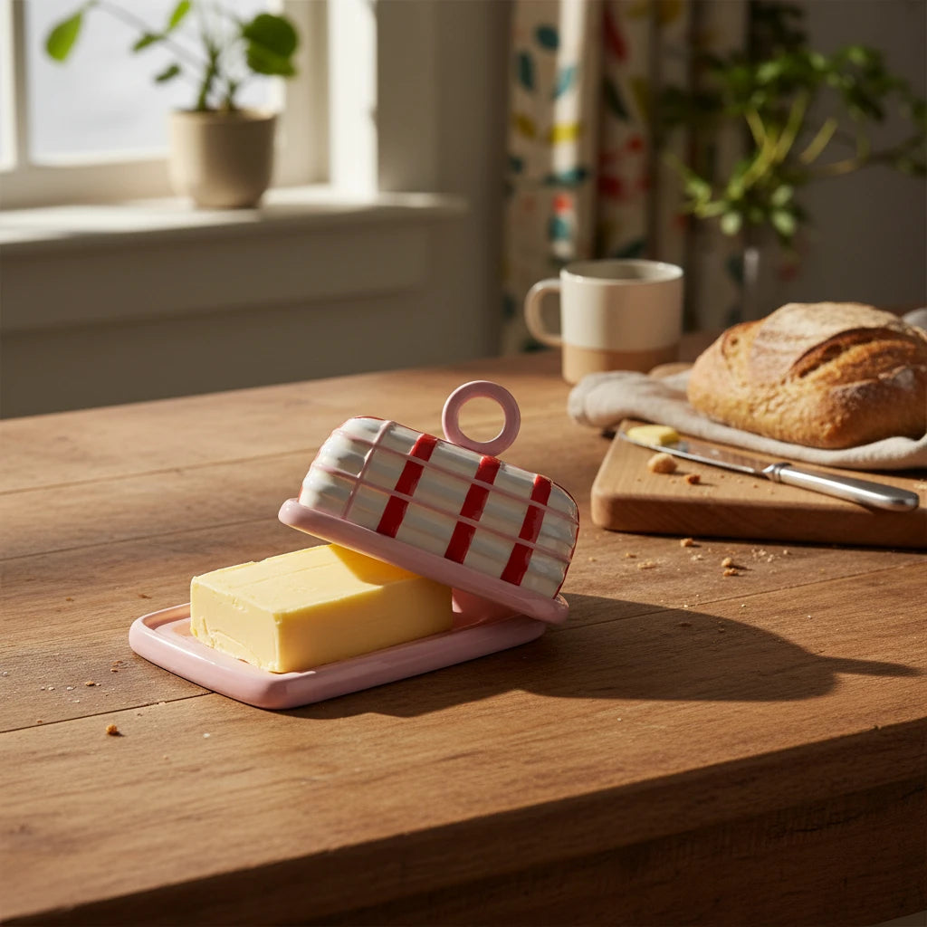Butter Dish Plaid Pink