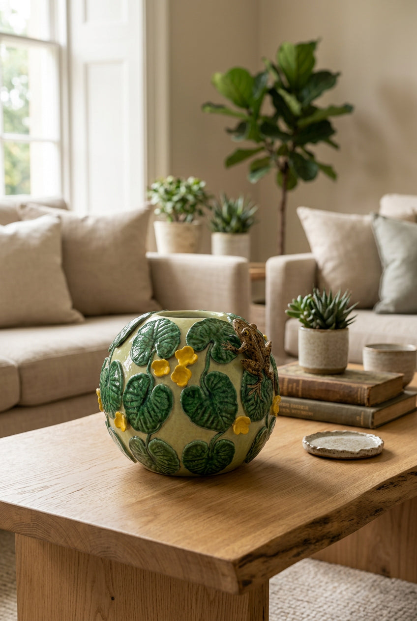 Round Vase With Leaves, Frog And Flower