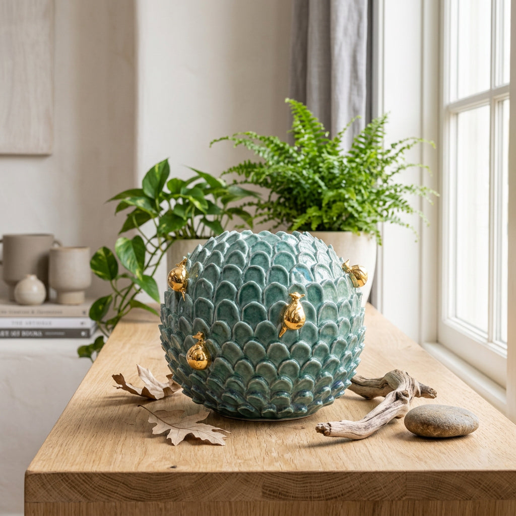 Round Vase Salamander Green With Golden Snails