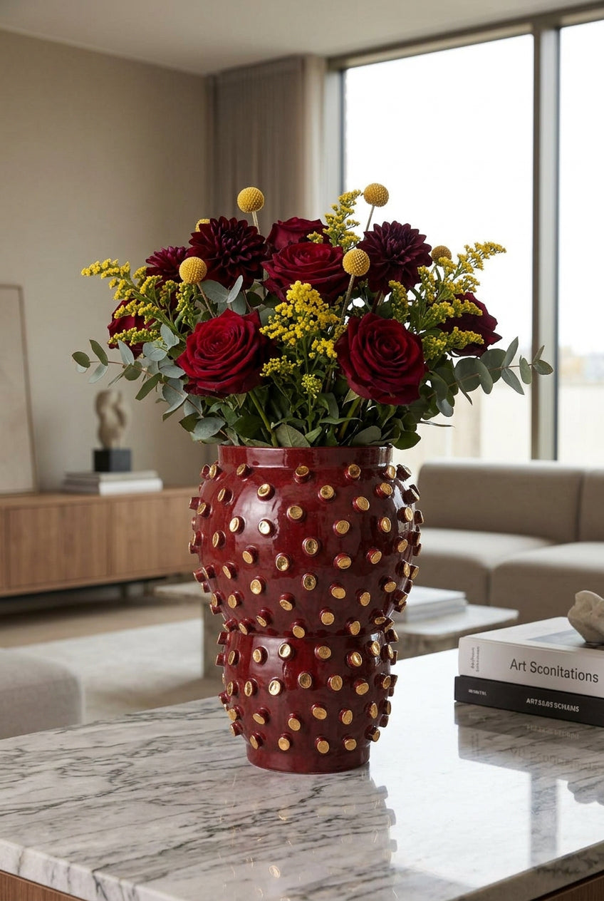 Tall Vase Red With Golden Details