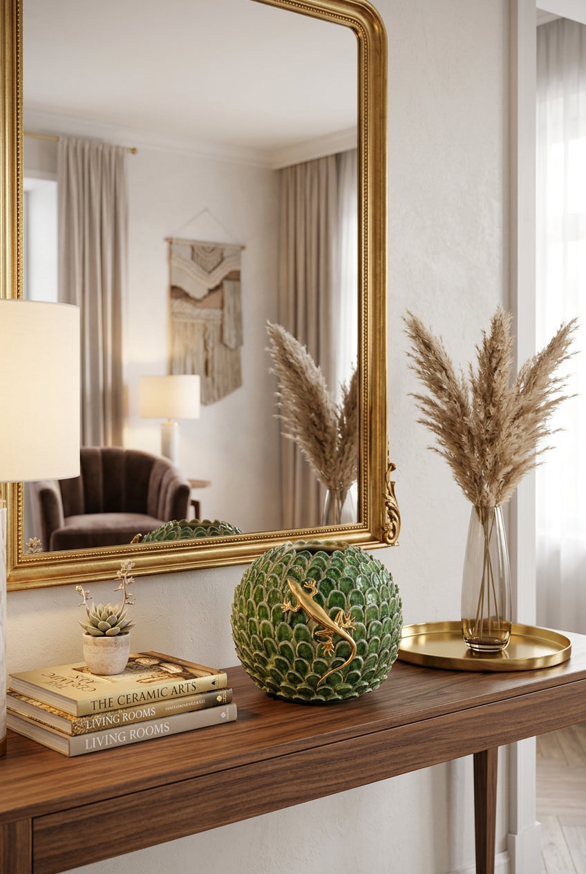 Round Vase Light Greeen And Dark Green With Golden Lizard