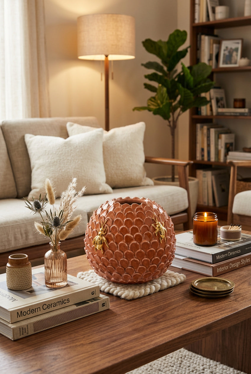 Round Vase Orange Shell And Dark Orange With Golden Insects