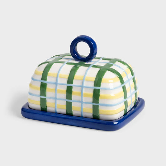 Butter dish plaid blue