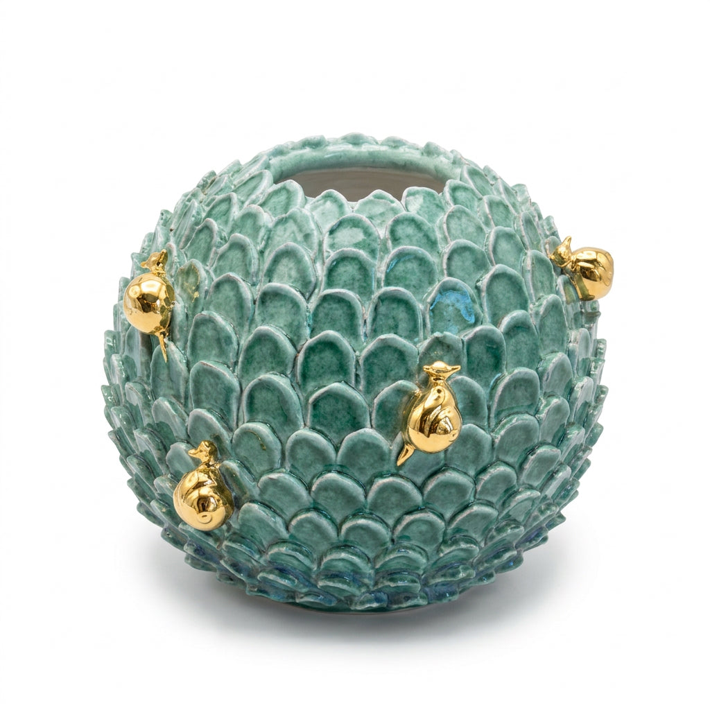 Round Vase Salamander Green With Golden Snails