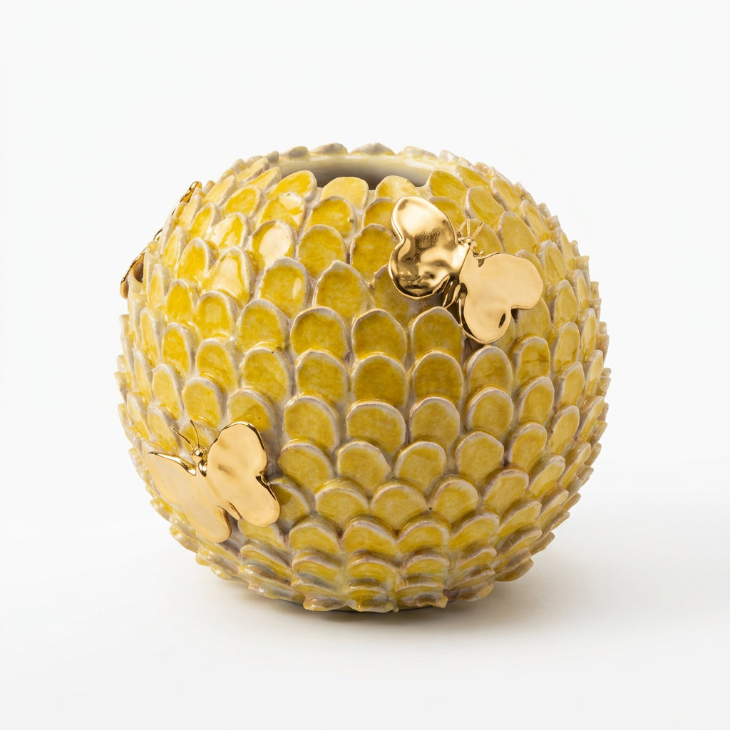 Round Vase Yellow And Honey With Golden Butterflys