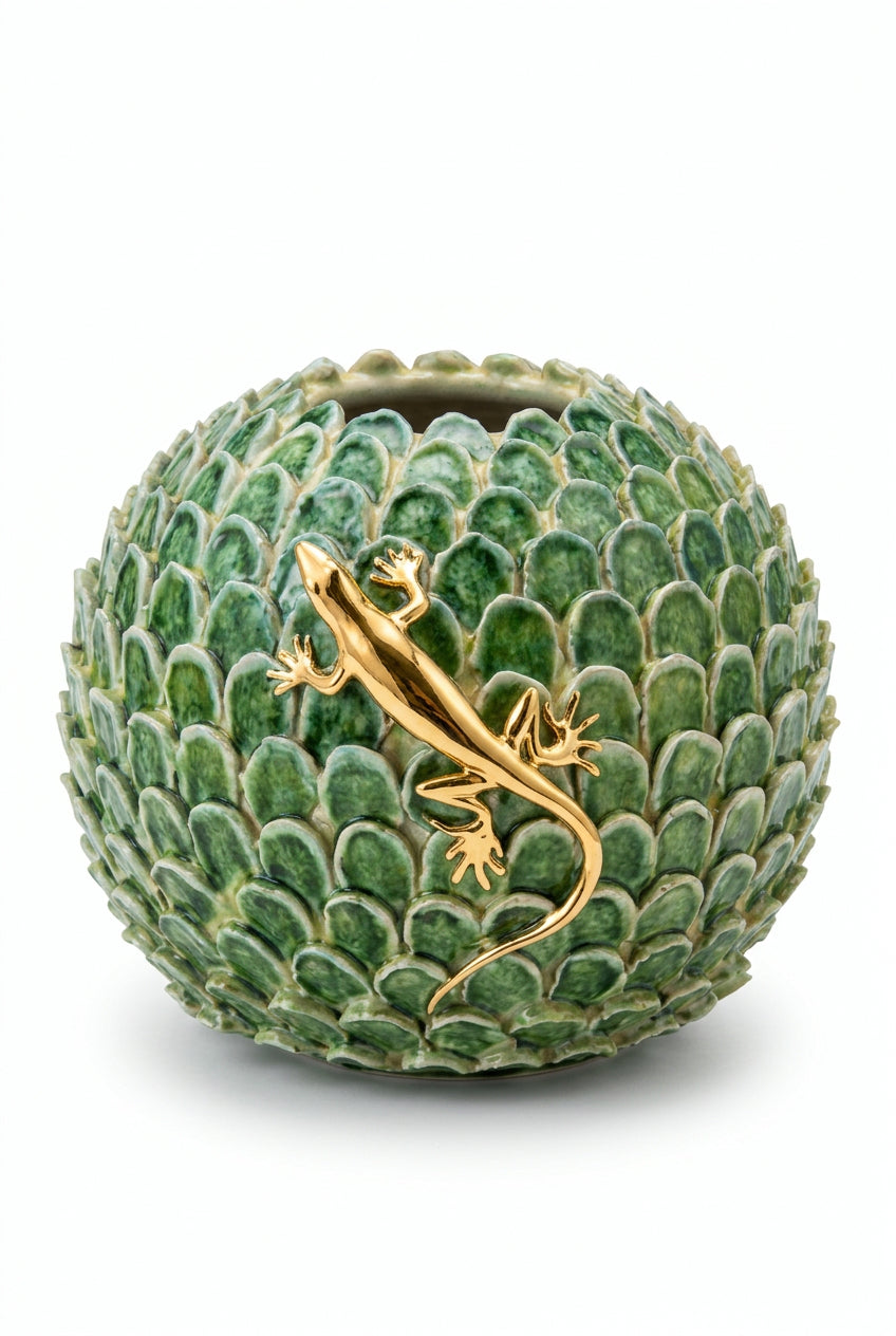 Round Vase Light Greeen And Dark Green With Golden Lizard