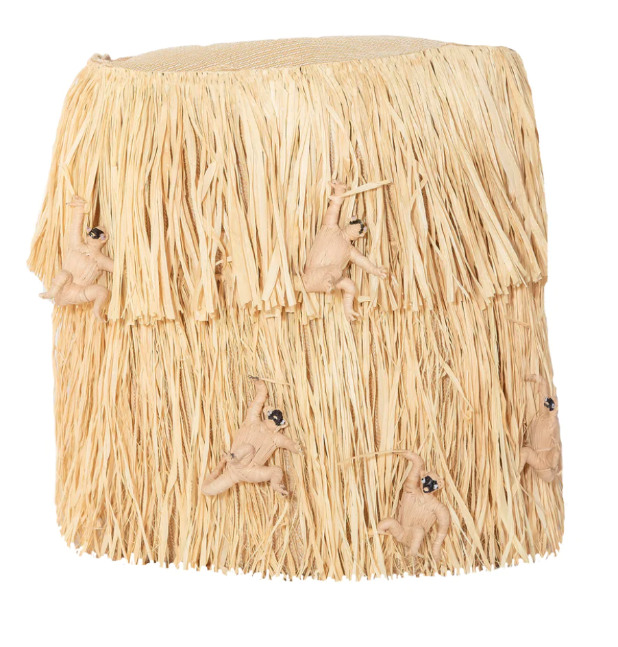 Otomana cuadrada de exterior con efecto rafia, con flequillo y mono